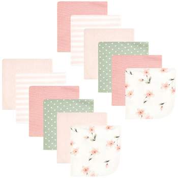 Hudson Baby Infant Girl Flannel Cotton Washcloths, Pink Dainty Floral 12 Pack, One Size