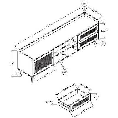 Walnut 72 Inch TV Stand with Rattan Panels and Storage