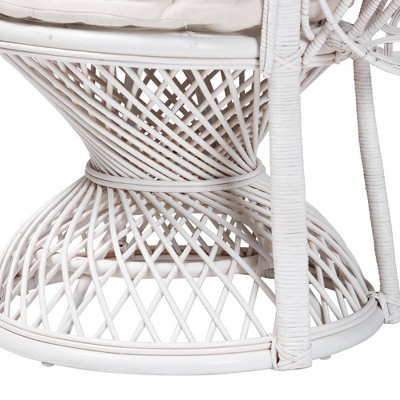White Handcrafted Rattan Peacock Accent Chair with Upholstered Cushion