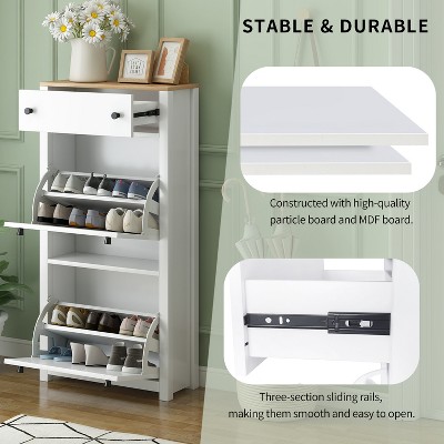 White and Wood Grain Free Standing Shoe Cabinet with Adjustable Panels