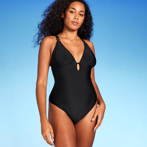 Women's Plunge Hardware Trim Cheeky One Piece Swimsuit - Shade & Shore™  Black M