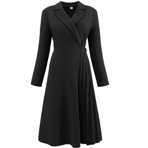 INSPIRE CHIC Women's Notch Lapel Wrap Neck Long Sleeve A-Line Midi Pleated Dress - 1 of 4