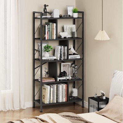 Homhougo 5 Tier Bookshelf with Storage, 61 Inch Tall Industrial Book Shelf with Open Display Bookshelves, 5 Shelf Bookcase with Metal Frame, Black