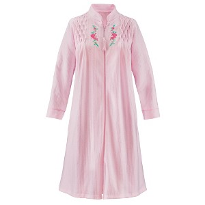Collections Etc Smocked Embroidered Floral Zip-Front Long Sleeve Robe - 1 of 4
