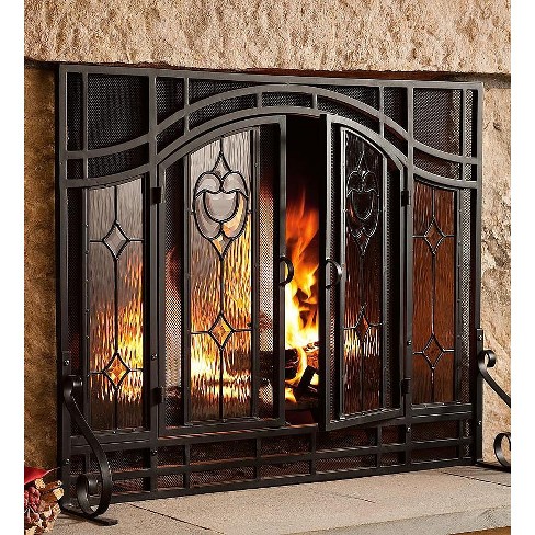 Plow Hearth 2 Door Floral Fireplace Fire Screen With Beveled Glass Panels Black Target