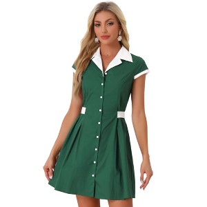 Allegra K Women's Vintage Button Down Flat Collar Belted Office Mini Shirt Dress - 1 of 4
