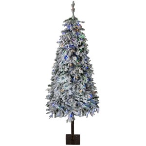 Artificial Christmas Tree, Prelit Snow Flocked Xmas Tree with PE Branch Tips, Colorful Lights, Metal Stand, Full Tree for Christmas Decor - 1 of 4