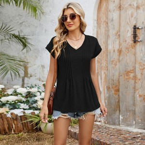 Women's V-Neck Ribbed T-Shirt | Relaxed Fit Short Sleeve Top - 1 of 4