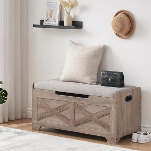 Storage Bench, Retro Wooden Storage Chest with 2 Safety Hinges, Loads 300 lb, Storage Ottoman Bench for Bedroom Living Room, Grey - 1 of 4