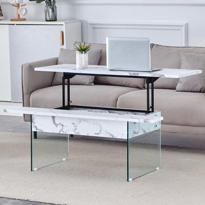 Modern Coffee Table with Lift Top, Grain Sticker, Tempered Glass Legs for DIY Art or Sticker, Perfect for Living Room or Office-Maison Boucle