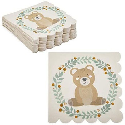 Sparkle and Bash 100 Pack Bear Disposable Paper Napkins for Boy Baby Shower, Scalloped Edge 6.5 In