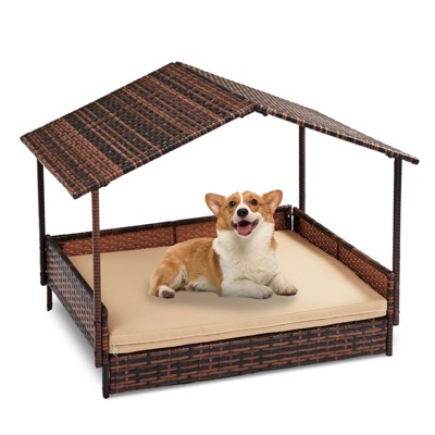 phiestina Wicker Dog House, Elevated Rattan Dog Bed with Canopy and Washable Cushion Cover, Brown, for Indoor/Outdoor Use