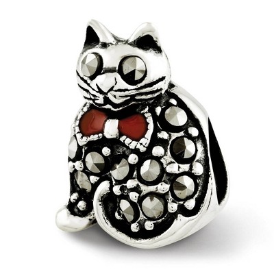 Black Bow Jewelry Sterling Silver, Enamel & Marcasite Cat with Red Bow Bead Charm