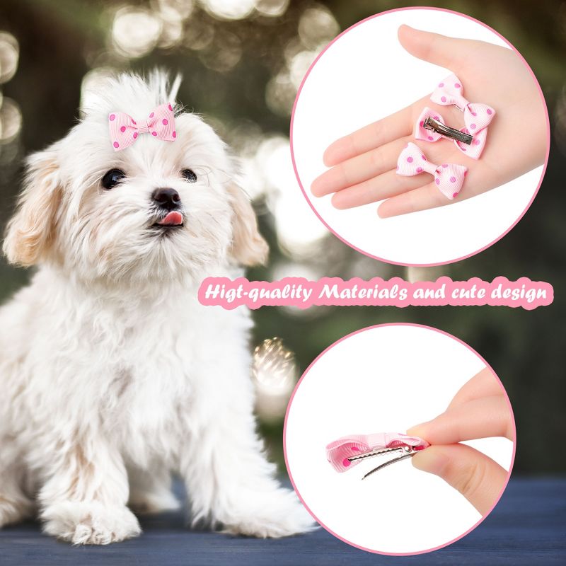 Unique Bargains Cute Dogs Cats Puppies Bows Pink Dog Hair Bows with Dots Pattern Grooming Barrette Clip Accessories 5 Pcs, 2 of 9