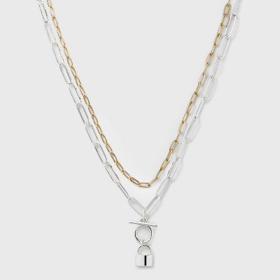 Multi-Plated Lock 2 Row Paperclip Chain Necklace - A New Day™