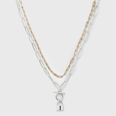 Multi-Plated Lock 2 Row Paperclip Chain Necklace - A New Day™