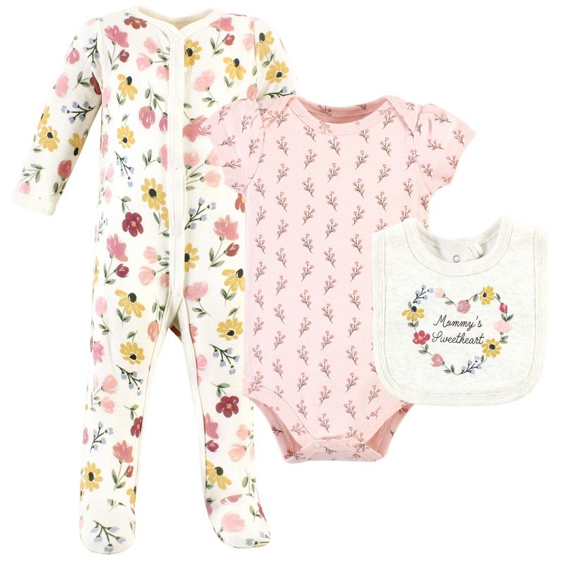 Hudson Baby Infant Girl Cotton Sleep and Play, Bodysuit and Bandana Bib Set, Soft Painted Floral, 1 of 5