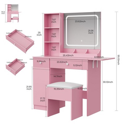 Technical diagram of pink vanity desk dimensions showing measurements