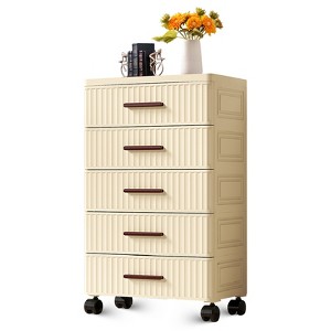 Plastic Drawer Storage,18.9" Wide Plastic Chest Of Drawers,Fluted Design Plastic Storage Organizer Cart With Wheels,For Bedroom Living Room - 1 of 4