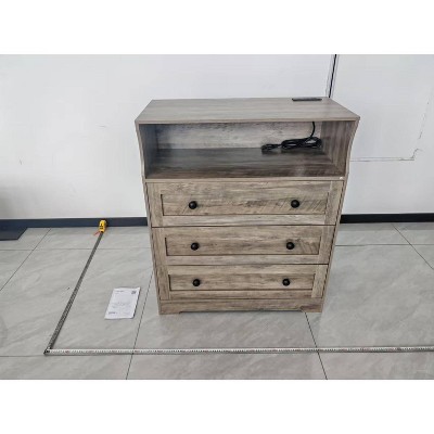 3-Drawer Wood Dresser w/Charging & Lights - Narrow Nightstand, Bedside Chest for Bedroom, Hallway, Living Room