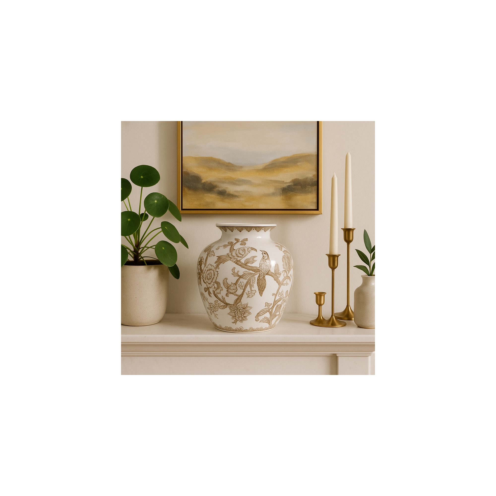 Ceramic Vase with Bird and Vine Design for Living Room Decor - Vintage Inspired Flower Vase for Bedroom, Office, and House Accent - 10", Brown & White