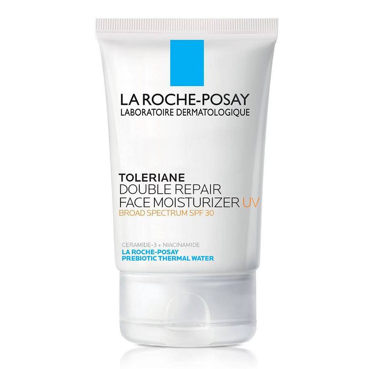 White tube of La Roche-Posay Toleriane Double Repair Face Moisturizer UV with Broad Spectrum SPF 30.