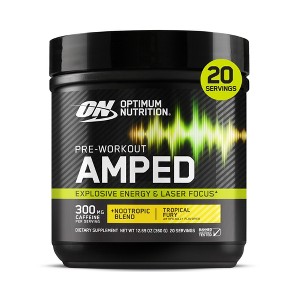Optimum Nutrition, Pre-Workout Amped Powder, Tropical Fury, High Stim, Sugar-Free, Caffeine, 20 Servings - 1 of 4