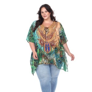 Plus Size Short Caftan with Tie-up Neckline - One Size Fits Most Plus - White Mark - 1 of 4