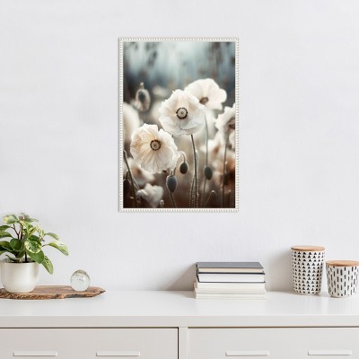 White Poppy Field Beaded Framed Canvas Wall Art
