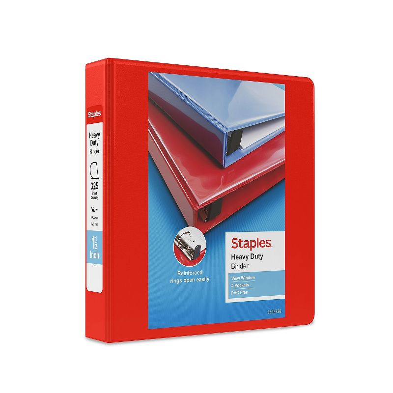Staples Heavy Duty 1 1/2" 3-Ring View Binder Red (24681) 82682, 1 of 8