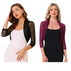 INSPIRE CHIC Women's Semi Sheer Open Front Elegant 3/4 Sleeves Mesh Crop Bolero Shrug 2 Packs - 1 of 4