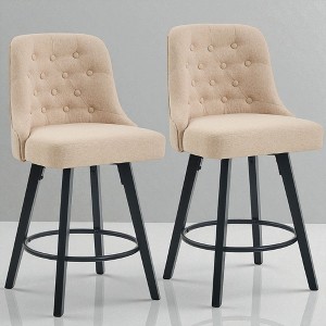 Set of 2 26" Swivel Counter Stools, Linen Upholstered Bar Chairs with Ergonomic Back, Solid Wood Legs & 360° Rotation for Kitchen Island or Home Bar - 1 of 4