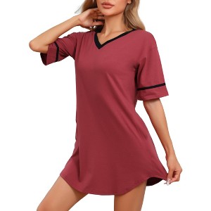 cheibear Womens Cotton Sleepwear Soft Comfy Sleepshirts V Neck Short Sleeve Short Night Shirts Sleep Dress with Pockets - 1 of 4