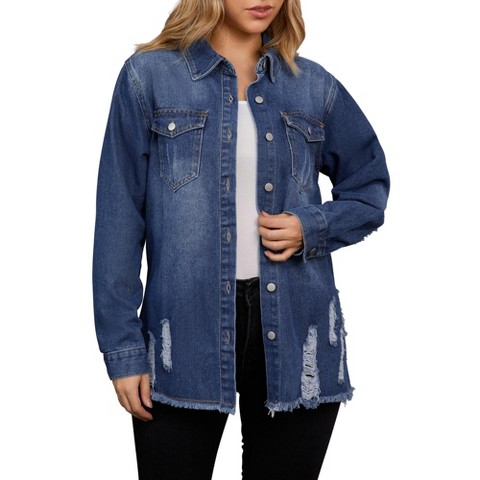 Женские куртки INSPIRE CHIC Frayed Hem Long Sleeve Button Up Oversized Denim Jackets with Pockets Large Blue, цвет: Джинсовый