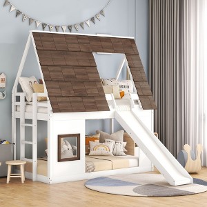 YOOCOZZ Kids’ House Bunk Bed with Ladder and Slide, Roof and 2 Windows, Twin Over Twin Size - Brown+White - 1 of 4