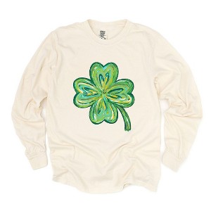 Simply Sage Market Women's Four Leaf Clover Watercolor Long Sleeve Garment Dyed Tee - 1 of 4
