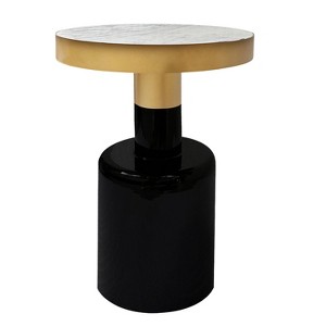 The Urban Port 20" Round Side End Table Gold Banded Natural White Marble Top Black Enamel Coated Iron Pedestal Base White/Gold - 1 of 4