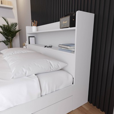 White Queen Wood Bookcase Headboard with Storage