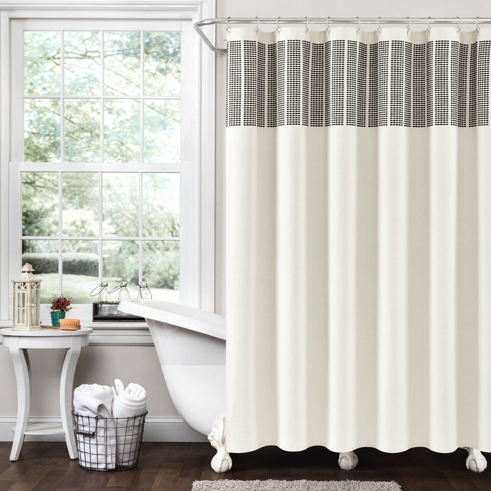 Photos - Shower Curtain Stitched Woven Striped Yarn Dyed Cotton  Ivory/Black - Lush