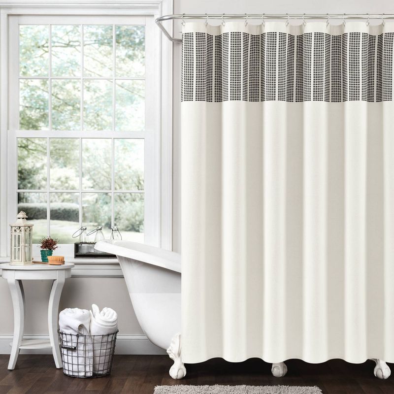 Stitched Woven Striped Yarn Dyed Cotton Shower Curtain Ivory/Black - Lush D&#233;cor, 1 of 7