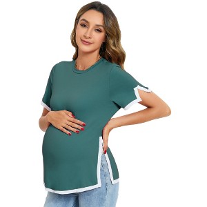 Women's Maternity Tops Maternity Shirts Color Block Split Hem Tunic Tops Pregnancy Clothes - 1 of 4