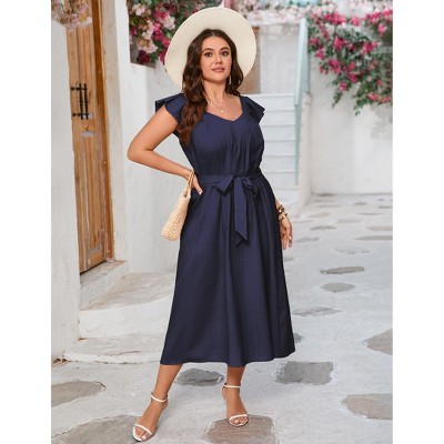 Plus Size Ruffle Sleeve Pleated Babydoll Short Sleeve Summer Dress with Belt