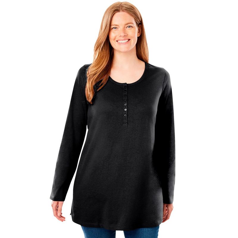 Woman Within Women's Plus Size Perfect Long-Sleeve Henley Tee, 1 of 3
