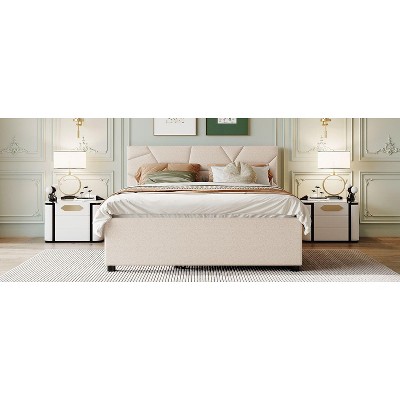 Okak Queen Elegant Platform Bed Frame with Upholstered and Brick Pattern Headboard Linen Fabric Bed with Twin Trundle No Springs Required, Beige