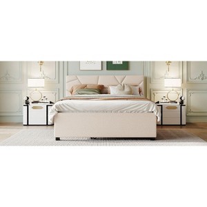 Okak Queen Elegant Platform Bed Frame with Upholstered and Brick Pattern Headboard Linen Fabric Bed with Twin Trundle No Springs Required, Beige - 1 of 4