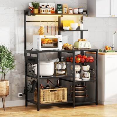 Aheaplus Kitchen Storage Shelf with Hooks, Coffee Bar with Charging Station and Shelves