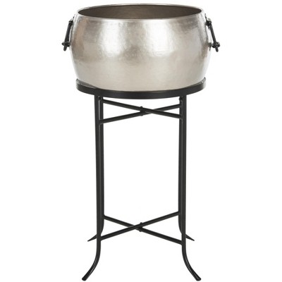 Modern Pewter and Black Iron Beverage Tub with Stand