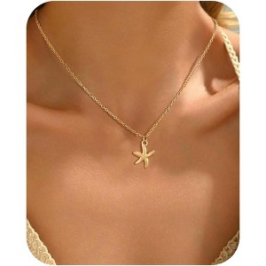 14K Gold Plated Shell Necklace - Starfish & Pearl Layered Beach Jewelry, Adjustable - 1 of 4