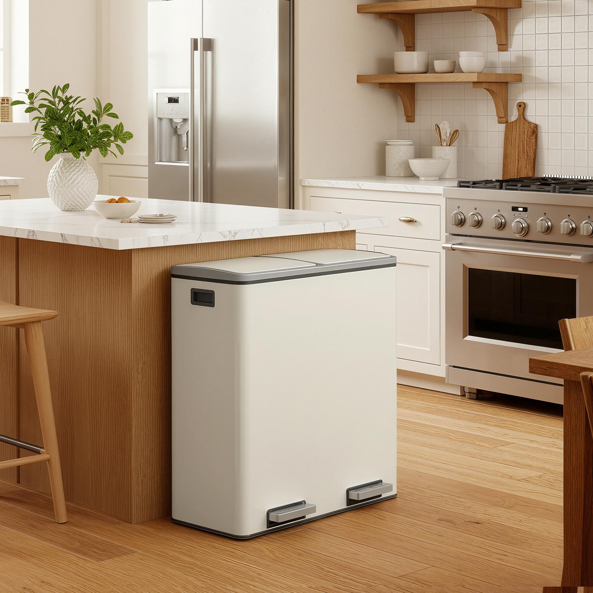 Dual Trash Can, 16 Gallon (60 L) Garbage Can for Kitchen, with 15 Trash Bags, 2 Compartments, Inner Buckets and Hinged Lids, Airtight, Almond Color