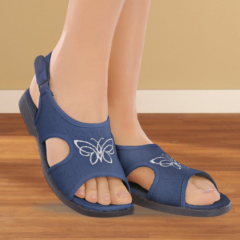 Collections Etc Embroidered Butterfly Canvas Open Toe Stretch Sandals with Adjustable Touch Closure, 2 of 5